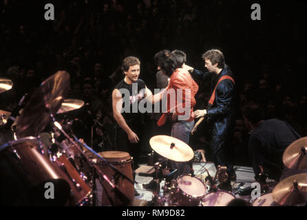 Eric Clapton est montré sur scène avec Ron Wood, Kenny Jones et Ronnie Lane pendant l'A.R.M.S. Ronnie Lanes Benefit concert au Madison Square Garden. Banque D'Images