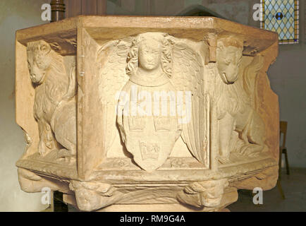 Une vue sur la cité médiévale font octogonale panneaux dans l'église paroissiale de St Mary à Shelton, Norfolk, Angleterre, Royaume-Uni, Europe. Banque D'Images