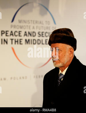 Varsovie, Pologne. Feb 14, 2019. Le président afghan, Mohammad Ashraf Ghani arrive au stade national pour la conférence de Varsovie sur le Moyen-Orient à Varsovie, Pologne, le 14 février, 2019. La Pologne a organisé une conférence internationale de deux jours parrainée par les États-Unis au sujet de la paix et de la sécurité dans la région du Moyen-Orient. Credit : Jaap Arriens/Xinhua/Alamy Live News Banque D'Images