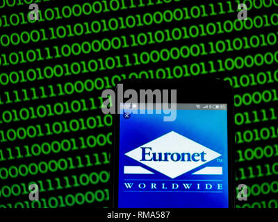 L'Ukraine. Feb 14, 2019. Euronet Worldwide logo de l'entreprise vu affichée sur un téléphone intelligent. Crédit : Igor Golovniov SOPA/Images/ZUMA/Alamy Fil Live News Banque D'Images