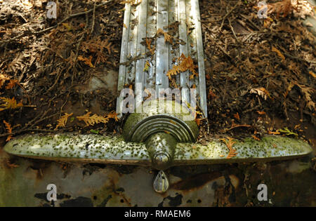 Détail de l'ornement de capot altérée sur une voiture classique abandonné dans un parc à ferrailles. Banque D'Images