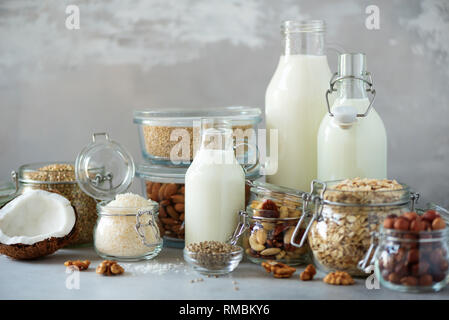 Bouteilles en verre de lait végétal vegan et amandes, noix, noix de coco, lait de graines de chanvre sur fond de béton gris. Bannière avec copie espace. Produits laitiers Lait subs Banque D'Images