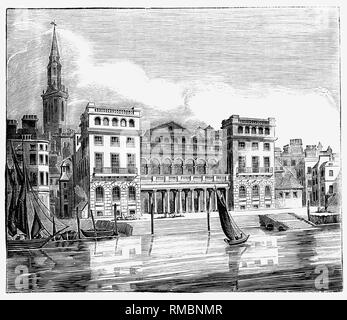 Une vue sur la rivière de Hungerford Market à Londres, au Charing Cross sur le Strand. Le marché a été construit en 1682 sur le site d'Hungerford House, près de Durham, le town house de l'Hungerford famille. La maison avait brûlé en 1669 comme c'est enregistré dans le journal de Samuel Pepys, et remplacé par un nouveau bâtiment du marché italien par Charles Fowler, l'architecte de Covent Garden Market, qui a ouvert ses portes en 1833. Le nouveau marché était à côté de la rivière avec un quai et les étapes jusqu'à l'eau. Banque D'Images