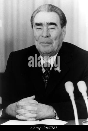 Leonid Ilitch Brejnev - 19.12.1906 - 10.11.1982. Photo portrait non daté du Chef d'État soviétique et chef de parti lors d'une conférence de presse sur sa visite à Bonn, 1981. Entre 1964-1982, il était secrétaire général de l'UCA. Entre 1960-1964 et 1977- 1982 Président de l'Union soviétique. Banque D'Images