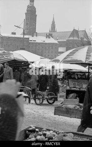 Vue sur le Viktualienmarkt de Munich la veille de Noël. Les clients sont de concentration autour d'un étal. Au premier plan, une échoppe de marché pour les pommes de terre. Dans l'arrière-plan, la tour de l'église de Saint Pierre et de la mairie. Banque D'Images