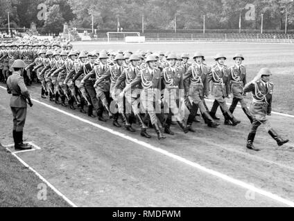 Cérémonie militaire à l'occasion de l'assermentation des diplômés de l'Offiziershochschule «Ernst Thaelmann" des forces terrestres de l'Armée Populaire Nationale (NVA) de la RDA Loebau. Banque D'Images