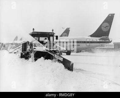 Un tablier est libéré de la neige à l'aéroport de Munich-Riem. L'avion dans l'arrière-plan est le Boeing 737-200 de Lufthansa à l'enregistrement D-ABCE et le nom 'Landshut', qui a été enlevé en octobre 1977. Banque D'Images