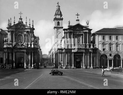 La place San Carlo, l'église de Santa Cristina et église de San Carlo, à Turin, Piémont, Italie 1956 Banque D'Images