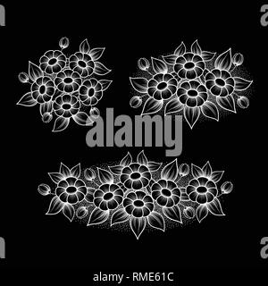 Ensemble de trois différents daisy flower pattern bouquetes isolé sur fond noir Illustration de Vecteur