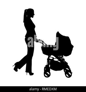 Silhouette D Une Jeune Femme Avec Une Poussette De Bebe Modele Simple Image Vectorielle Stock Alamy