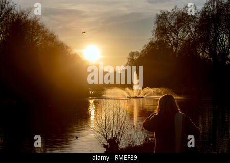 Une femme regarde la fontaine à St James's Park à Londres en tant qu'il est éclairé par le soleil couchant. Banque D'Images