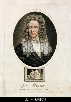 Sir Isaac Newton (1642-1726/27), gravure de portrait d'après Sir Godfrey Kneller par R page, 1818 Banque D'Images