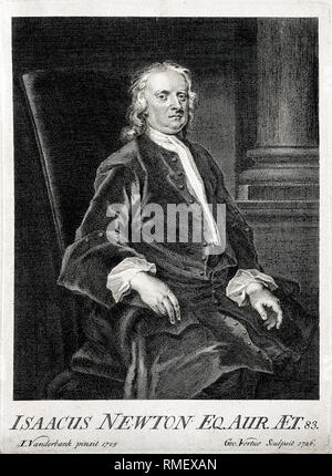 Sir Isaac Newton (1642-1726/27), gravure de portrait d'après J Vanderbank par G Vertue 1726 Banque D'Images