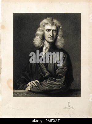 Sir Isaac Newton, (1642-1726/27), portrait mezzotint après Sir Godfrey Kneller par T.O. Barlow 1868 Banque D'Images