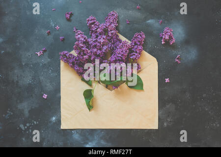 Rose lilas en enveloppe sur Dark vintage table. Concept. Vue de dessus. Message d'accueil pour femmes ou la Fête des Mères. Concept créatif. Banque D'Images