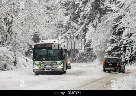 Bus de transport en commun de la ville et des voitures bravant tempête d'hiver on rural road-Victoria, Colombie-Britannique, Canada. Banque D'Images