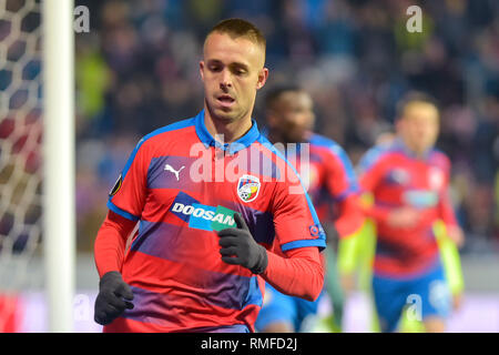 Plzen, République tchèque. Feb 14, 2019. Ludek Pernica de Viktoria Plzen, en action au cours de la Ligue Europa tour de jambe premier 32 match de football à Plzen, République tchèque, Jeudi, Février 14, 2019. Photo : CTK Miroslav Chaloupka/Photo/Alamy Live News Banque D'Images