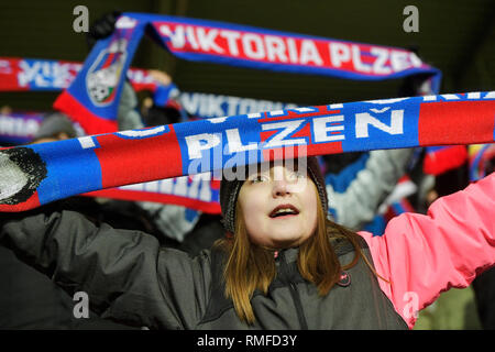 Plzen, République tchèque. Feb 14, 2019. Fans de Viktoria Plzen en action au cours de la Ligue Europa tour de jambe premier 32 match de football à Plzen, République tchèque, Jeudi, Février 14, 2019. Photo : CTK Miroslav Chaloupka/Photo/Alamy Live News Banque D'Images