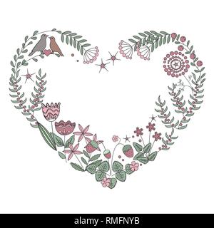Coeur floral avec fleurs isolées, d'herbes et de feuilles. Vector illustration Illustration de Vecteur