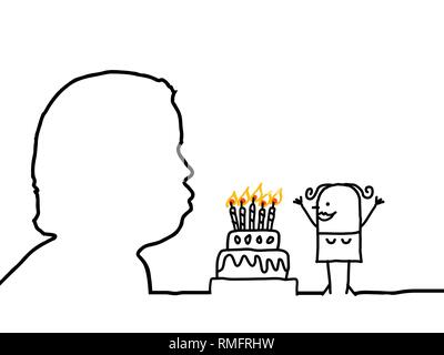 Blowing candles - hand drawn cartoon characters & human profile Illustration de Vecteur