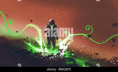 Spaceman regardant plantes mystérieuses avec feu vert, style art numérique, illustration peinture Banque D'Images