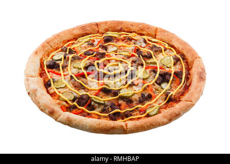 Pizza mexicaine Tradition avec le poivre, la viande bovine et des cornichons. Arrosée d'une sauce à l'ail. Banque D'Images