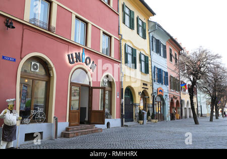 Le restaurant de l'Union dans la vieille ville de Sibiu, sur la Piata Mica, en Transylvanie, Roumanie Banque D'Images