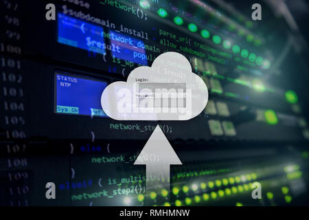 Le stockage cloud, l'accès aux données, Demande de login et mot de passe sur le serveur de fenêtre arrière-plan de la salle. Internet et technologie concept. Banque D'Images