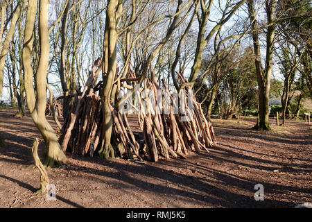 Tanières ou des abris confectionnés à partir de billes et de bois dans la forêt Banque D'Images