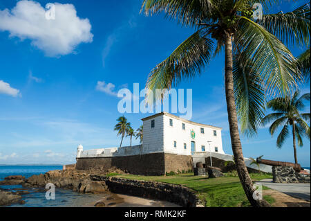 Vue panoramique lumineux de l'ancien fort portugais colonial Santa Maria à Barra, Salvador, Brésil avec des palmiers au-dessus de la côte sauvage Banque D'Images