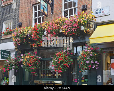 Londres - septembre 2017 : Ce petit pub traditionnel à Mayfair affiche une particulièrement belle sélection de corbeilles suspendues. Banque D'Images