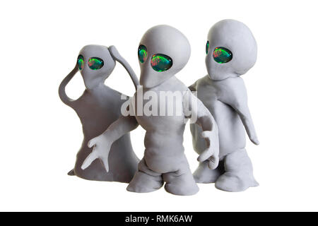 Alien gris fait d'argile sur un fond blanc Banque D'Images