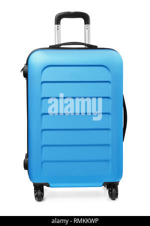 Vue avant de valise en plastique bleu isolated on white Banque D'Images