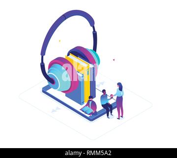 Écouter des livres audio - vector illustration isométrique colorée moderne Illustration de Vecteur