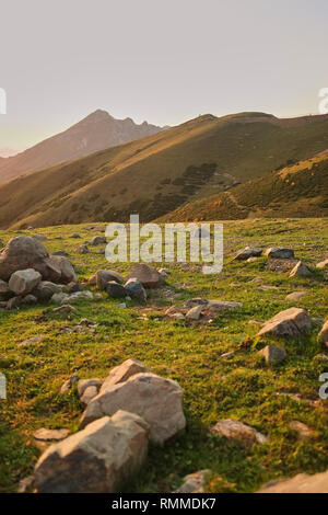 Les grandes roches de quartz sur une prairie de montagne. coucher du soleil dans les montagnes. Banque D'Images