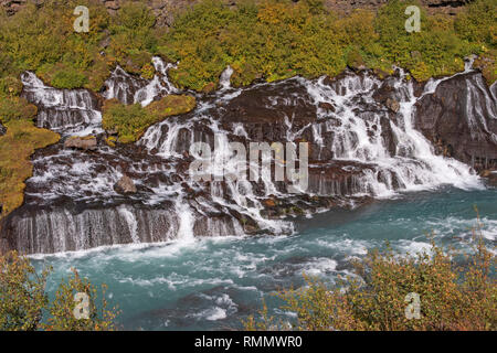 Chutes de Hraunfossar streaming un champ de lave près de Husafell, Islande Banque D'Images