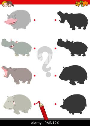 Cartoon Illustration d'Ombres correspondant jeu éducatif pour les enfants ayant des caractères des animaux hippopotames Illustration de Vecteur