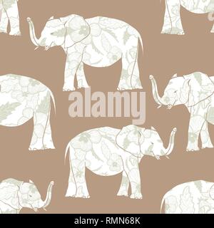 Modèle sans couture avec hand drawn vector illustration silhouettes éléphant. Sage des fleurs sur fond beige. Illustration de Vecteur