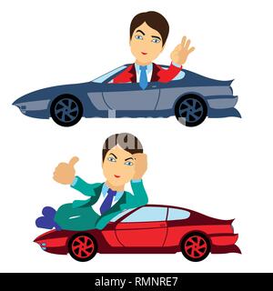 Ensemble de deux hommes heureux en costume avec de belles voitures, conceptuel cartoon vector illustration Illustration de Vecteur