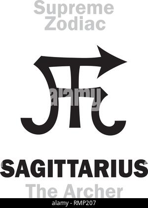 Alphabet d'astrologie : Sagittaire (l'Archer), constellation du Sagittaire (dim. : Centaurus). Signe de zodiaque suprême (cercle intérieur). Les hiéroglyphes. Illustration de Vecteur