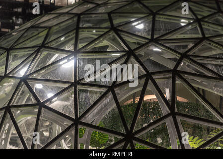 Seattle, Washington circa 2019 hiver le siège mondial de l'entreprise Amazon sphères campus green house terrarium bureaux pendant une rare tempête d'hiver. Banque D'Images