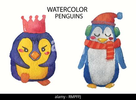 Aquarelle collection de pingouins dessinés à la main, mignon Illustration de Vecteur