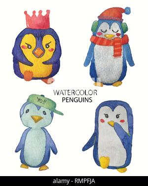 Aquarelle collection de pingouins dessinés à la main, mignon Illustration de Vecteur