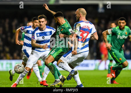 Londres, Royaume-Uni. Feb 15, 2019. Andre Gray de Watford au cours de la 5e tour de la Coupe d'adéquation entre les Queens Park Rangers et Watford au Loftus Road Stadium, Londres, Angleterre le 15 février 2019. Photo par Adamo Di Loreto. Usage éditorial uniquement, licence requise pour un usage commercial. Aucune utilisation de pari, de jeux ou d'un seul club/ligue/dvd publications. Credit : UK Sports Photos Ltd/Alamy Live News Banque D'Images