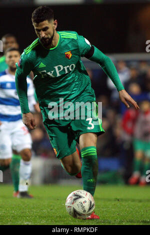 Londres, Royaume-Uni. Feb 15, 2019. Miguel Britos de Watford en action. L'unis en FA Cup, 5ème tour, Queens Park Rangers v Watford à Loftus Road stadium à Londres le vendredi 15 février 2019. Ce droit ne peut être utilisé qu'à des fins rédactionnelles. Usage éditorial uniquement, licence requise pour un usage commercial. Aucune utilisation de pari, de jeux ou d'un seul club/ligue/dvd publications. pic par Steffan Bowen/Andrew Orchard la photographie de sport/Alamy live news Crédit : Andrew Orchard la photographie de sport/Alamy Live News Banque D'Images