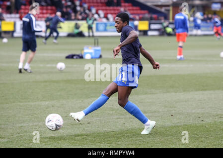 Kingston, au Royaume-Uni. 16 février 2019. Michael Folivi de l'AFC Wimbledon chauffe lors du 5e tour de la coupe d'Angleterre match entre l'AFC Wimbledon et Millwall au Cherry Red Records Stadium, Kingston, en Angleterre, le 16 février 2019. Photo de Ken d'Étincelles. Usage éditorial uniquement, licence requise pour un usage commercial. Aucune utilisation de pari, de jeux ou d'un seul club/ligue/dvd publications. Credit : UK Sports Photos Ltd/Alamy Live News Crédit : UK Sports Photos Ltd/Alamy Live News Banque D'Images