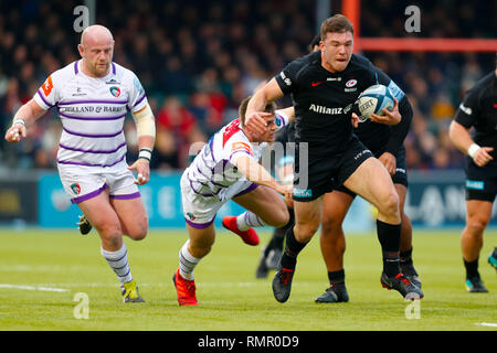 Allianz Park, Londres, UK. 16 Février, 2019. Gallagher Premiership Rugby, Saracens contre Leicester Tigers ; Matt Gallagher de Sarrasins brise les Leicester Tigers Crédit défense : Action Plus Sport/Alamy Live News Banque D'Images