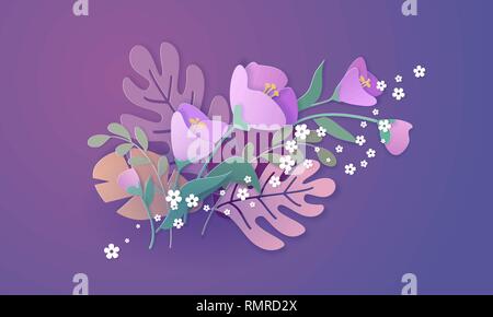 Coupe papier bannière fleurs printemps 3d en mauve et violet couleurs. Les éléments de décoration pour la maison de design. Vector illustration papier coupé style. Illustration de Vecteur