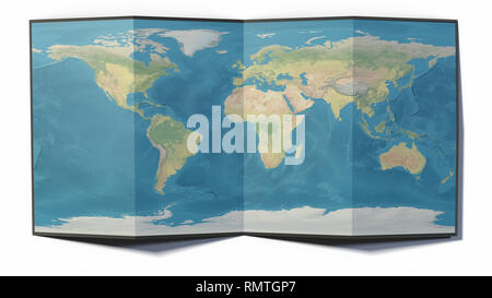 Carte du monde dessinée sur une feuille pliée, planisphère s'appuyant sur une surface, rendu 3d. Carte Physique Banque D'Images