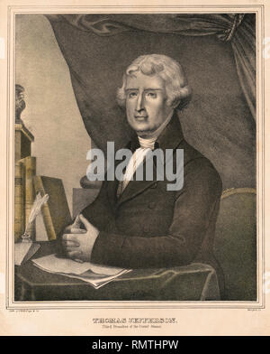 Thomas Jefferson (1743-1826), troisième Président des États-Unis, Mi assis Portrait, lithographie, D.W. Kellogg & Co., années 1830 Banque D'Images